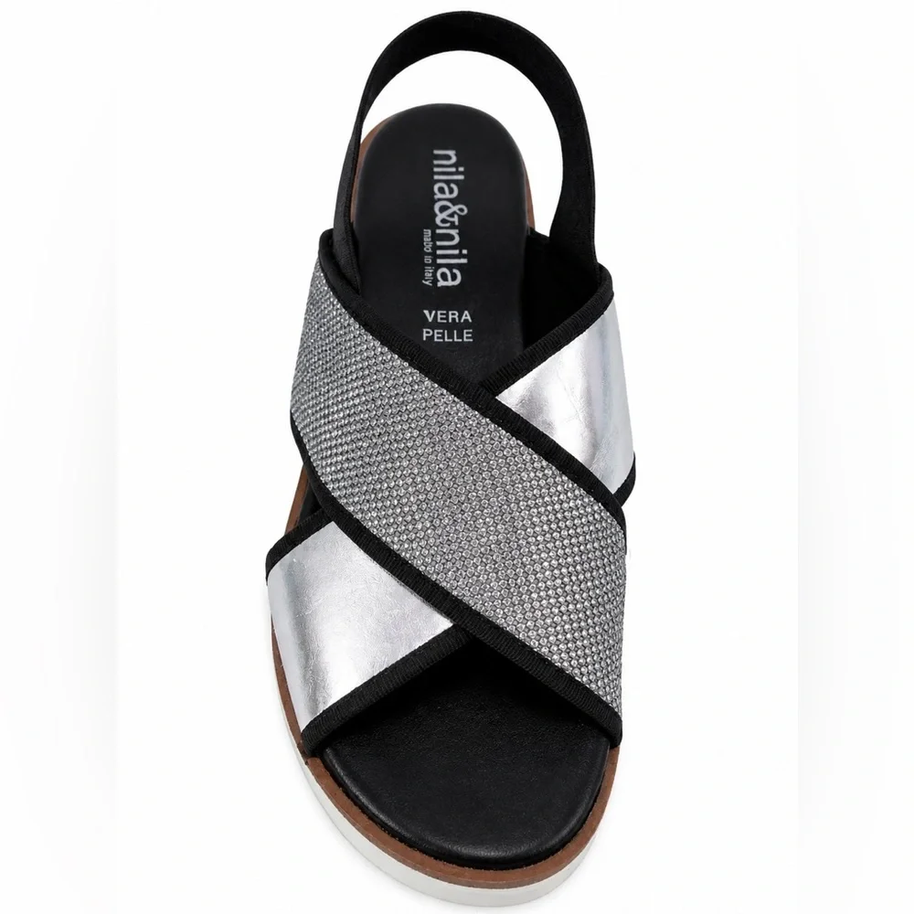 Nila & Nila Women’s Silver Metallic Soft Leather Crisscross Platform Sandal